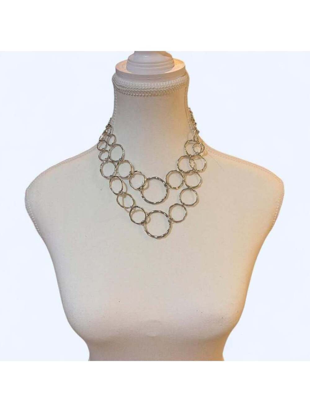 Silver Tone Double Strand Circle Link Statement Necklace